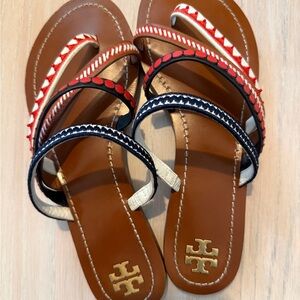 Tory Burch Brown Sandals with Red and Blue Accents